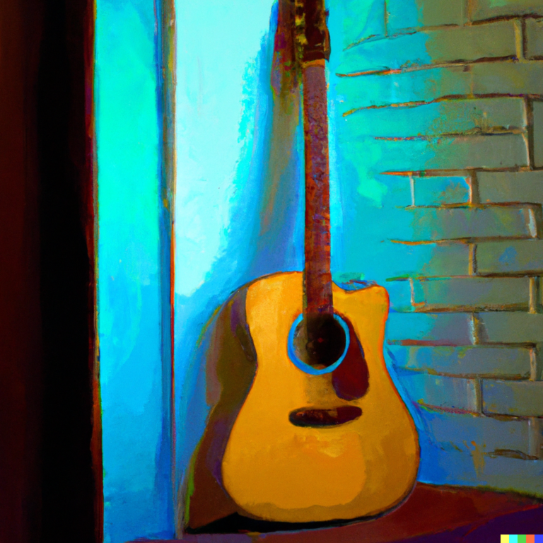 an acoustic guitar leans against a wall