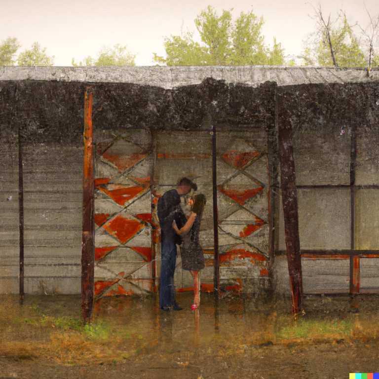 romance in a rainstorm under the eves of a disused tin building in rural oklahoma